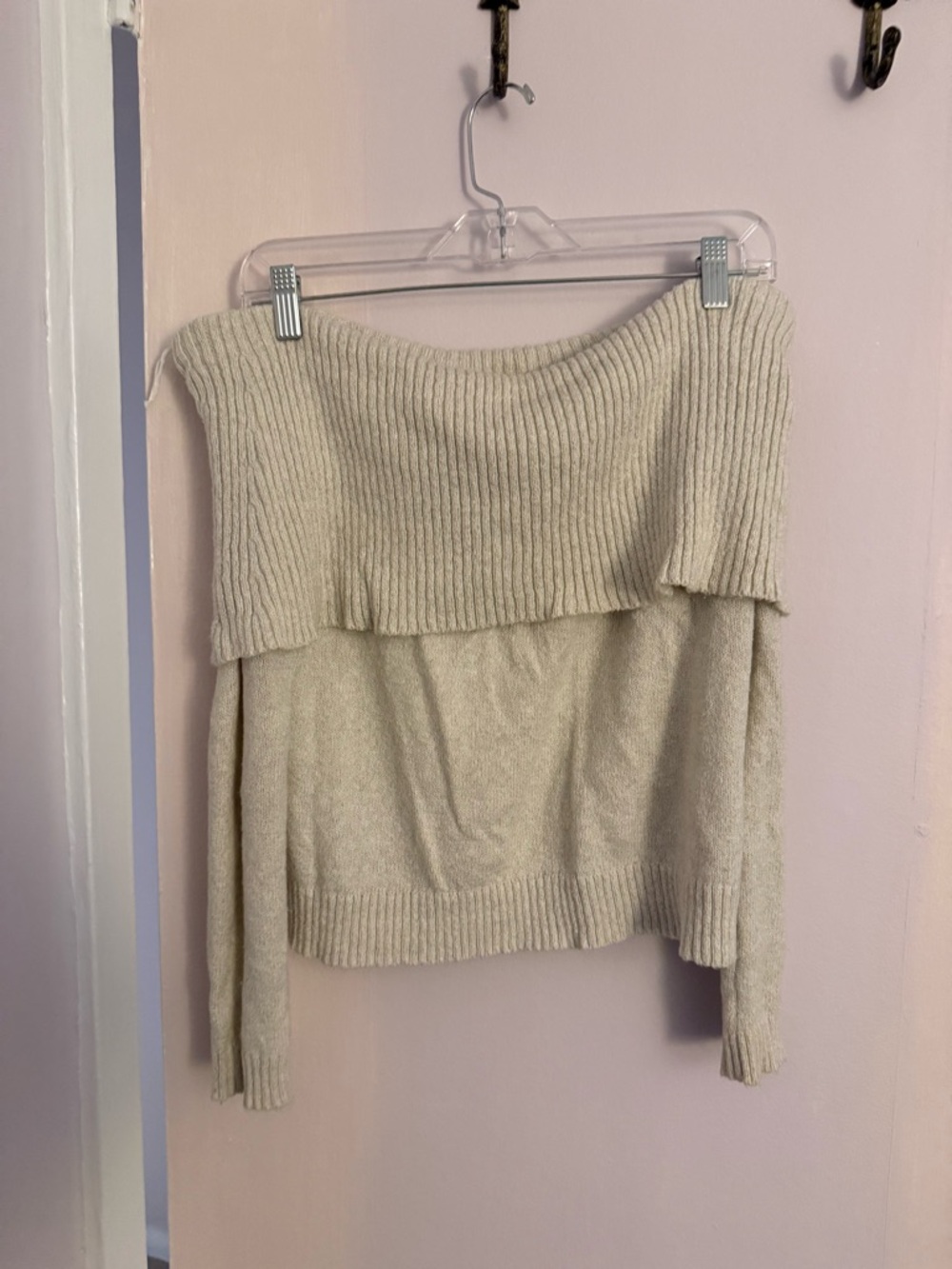 aerie Cream Off-the-Shoulder Ribbed Knit Sweater